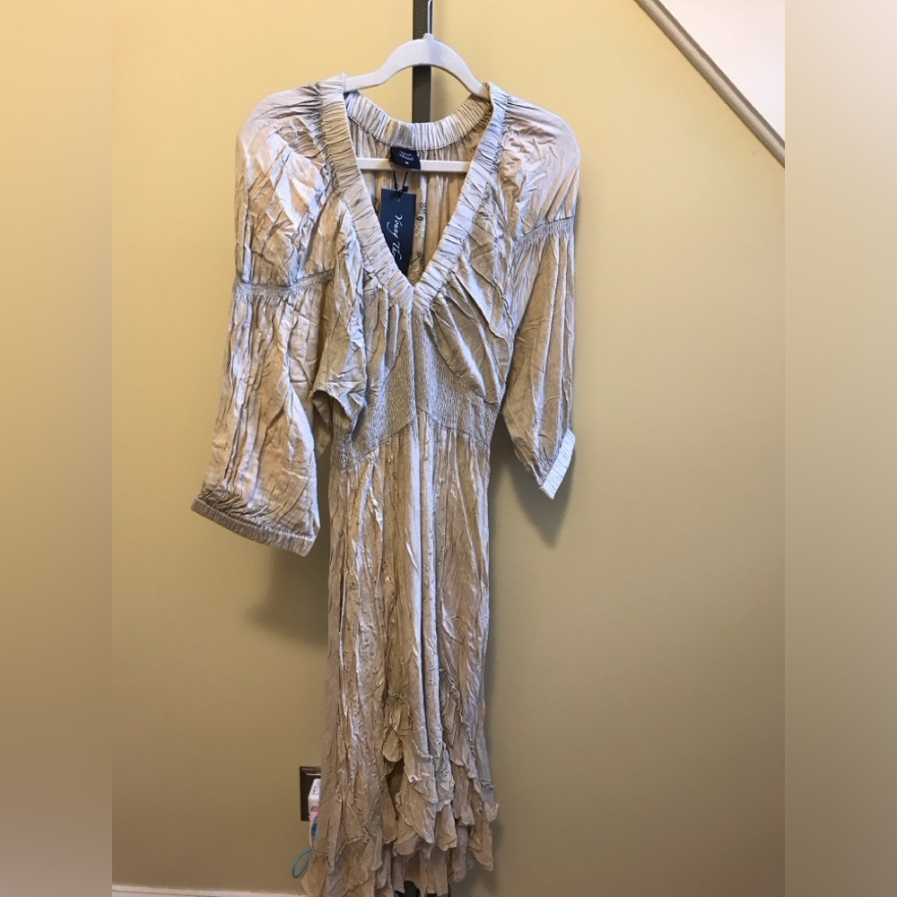 YOUNG THREADS NWT Dress Grey Black Embroidery Maxi Gauze Size Medium